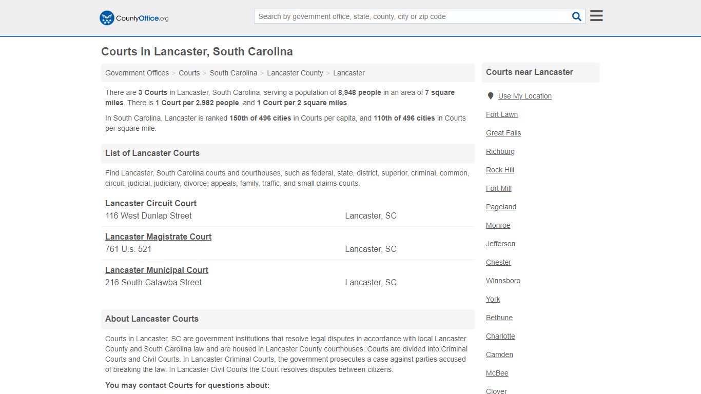 Courts - Lancaster, SC (Court Records & Calendars) - County Office